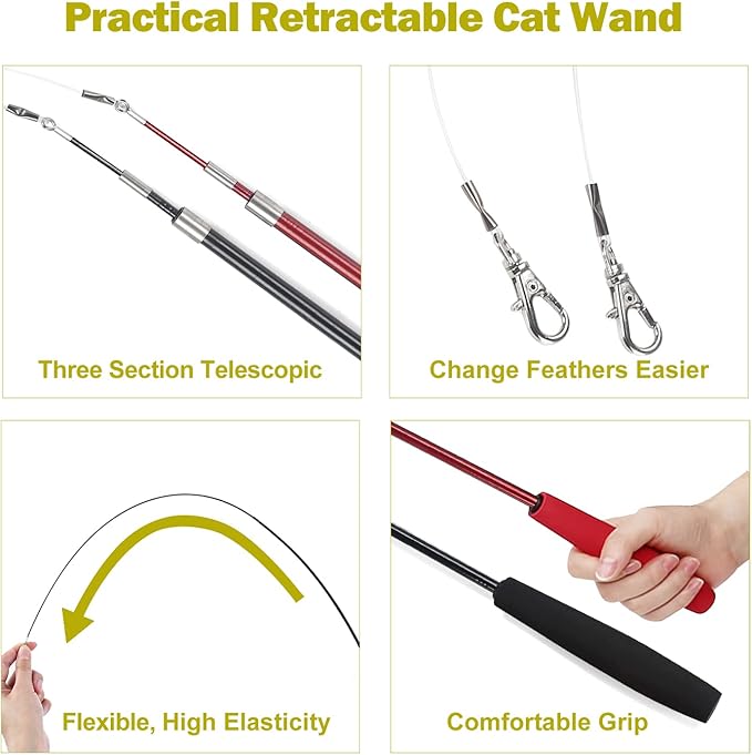 Interactive Cat Toys - Retractable Wand Toy and Feather Toys Refills for Indoor Cats to Chase and Exercise - Zenithzoo