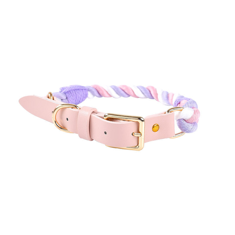 Woven Cotton Rope Leather Pu Pet Collar - Zenithzoo