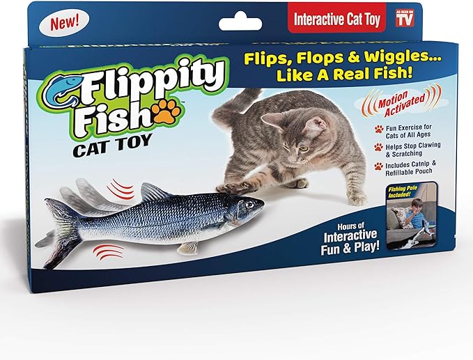 Fish Interactive Cat Toy with Catnip & Fishing Pole - Touch Activated, Rechargeable Pet Toy to Help Reduce Stress & Bad Behavior - As Seen on TV - Zenithzoo