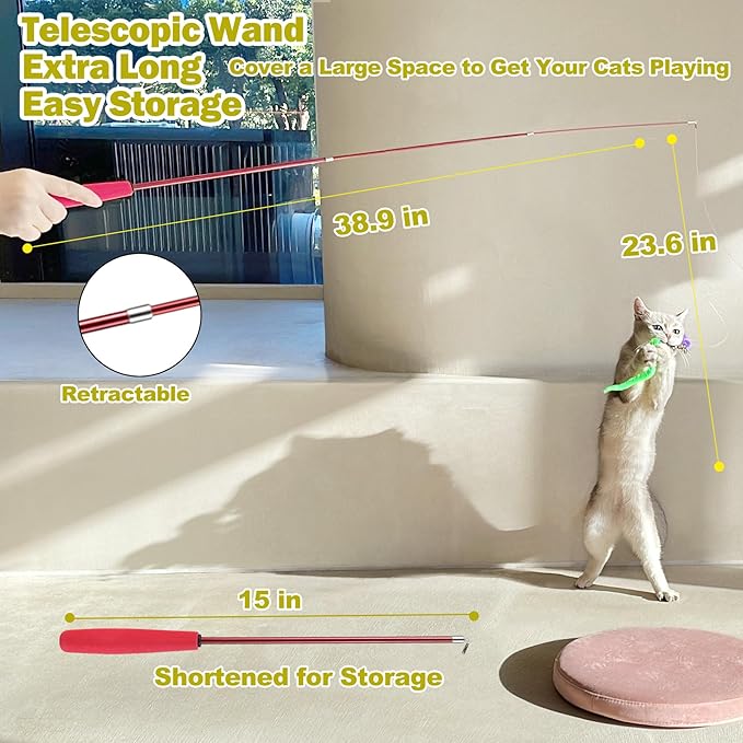 Interactive Cat Toys - Retractable Wand Toy and Feather Toys Refills for Indoor Cats to Chase and Exercise - Zenithzoo